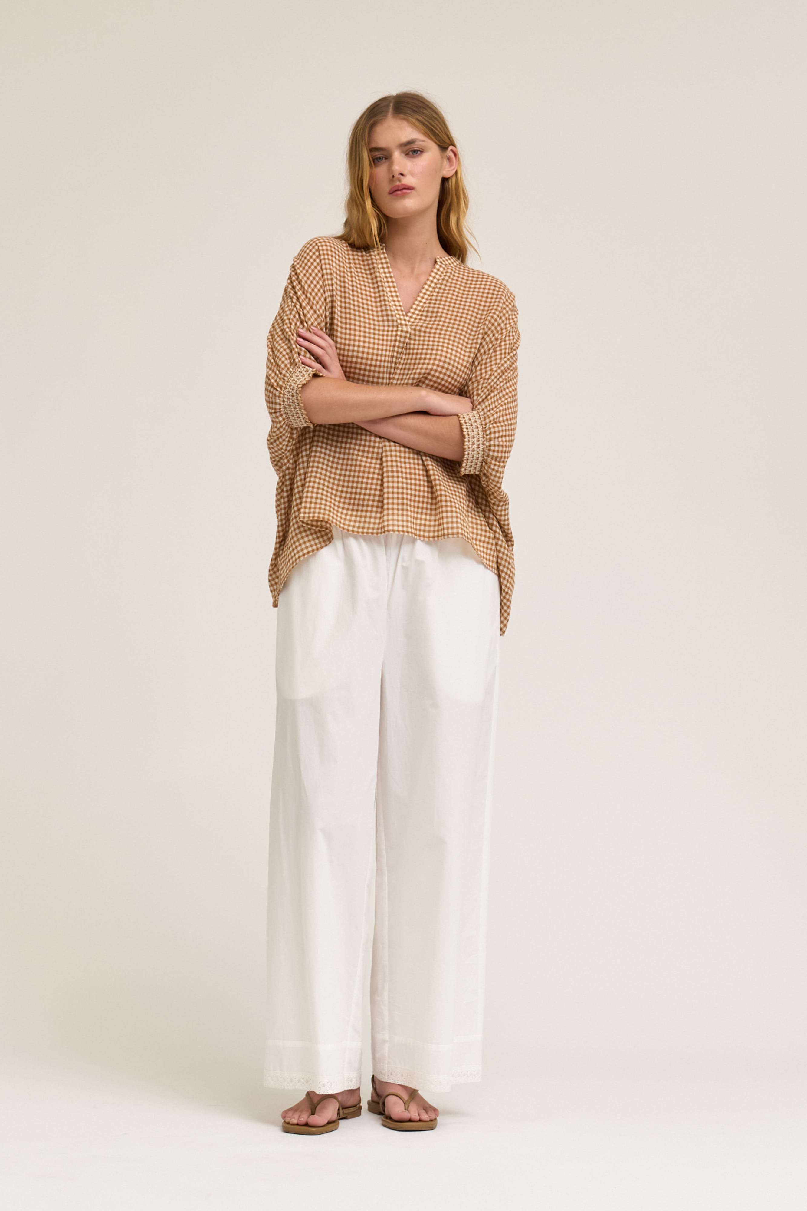 Crinkle Smocked Cuff Blouse in Chai