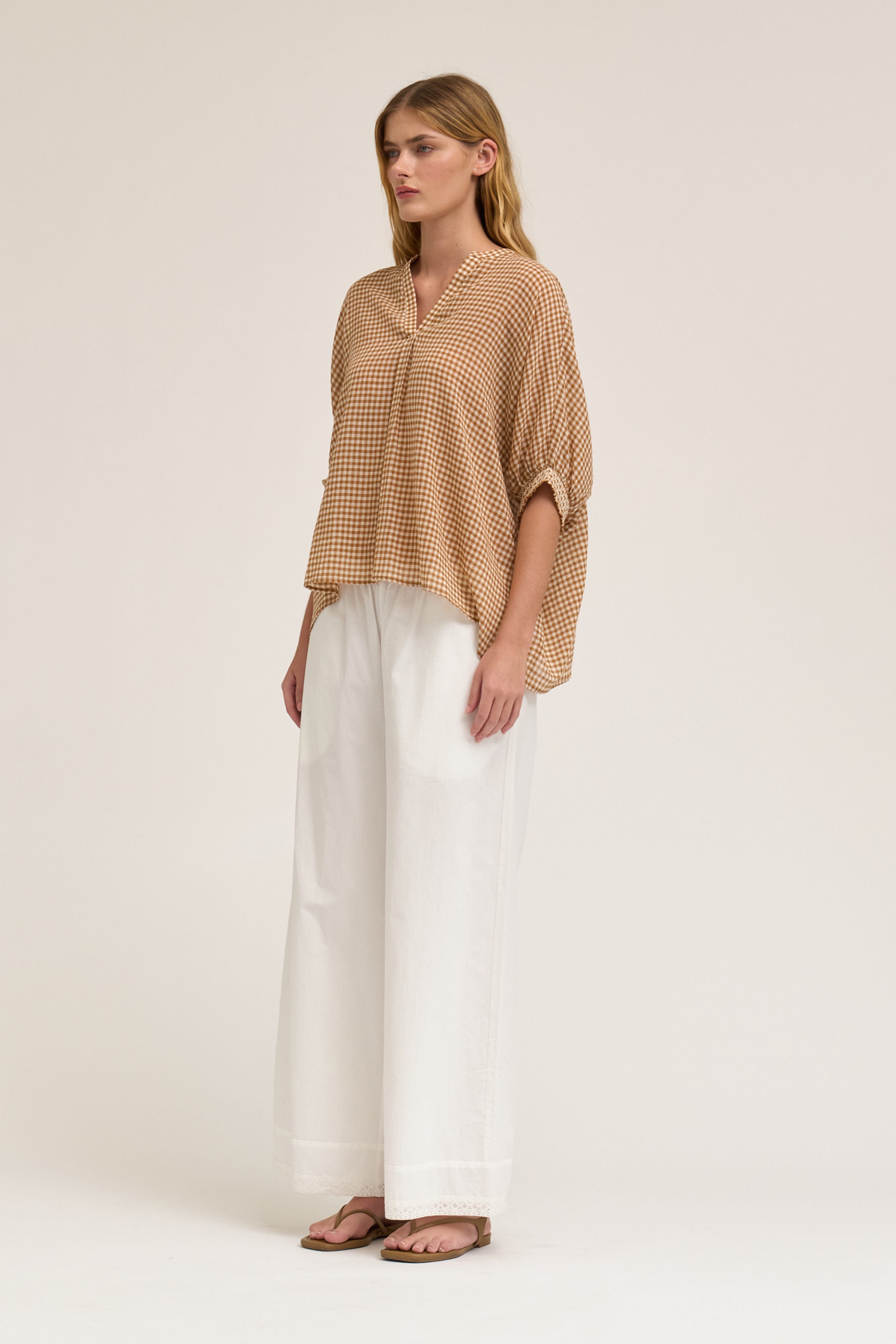 Crinkle Smocked Cuff Blouse in Chai
