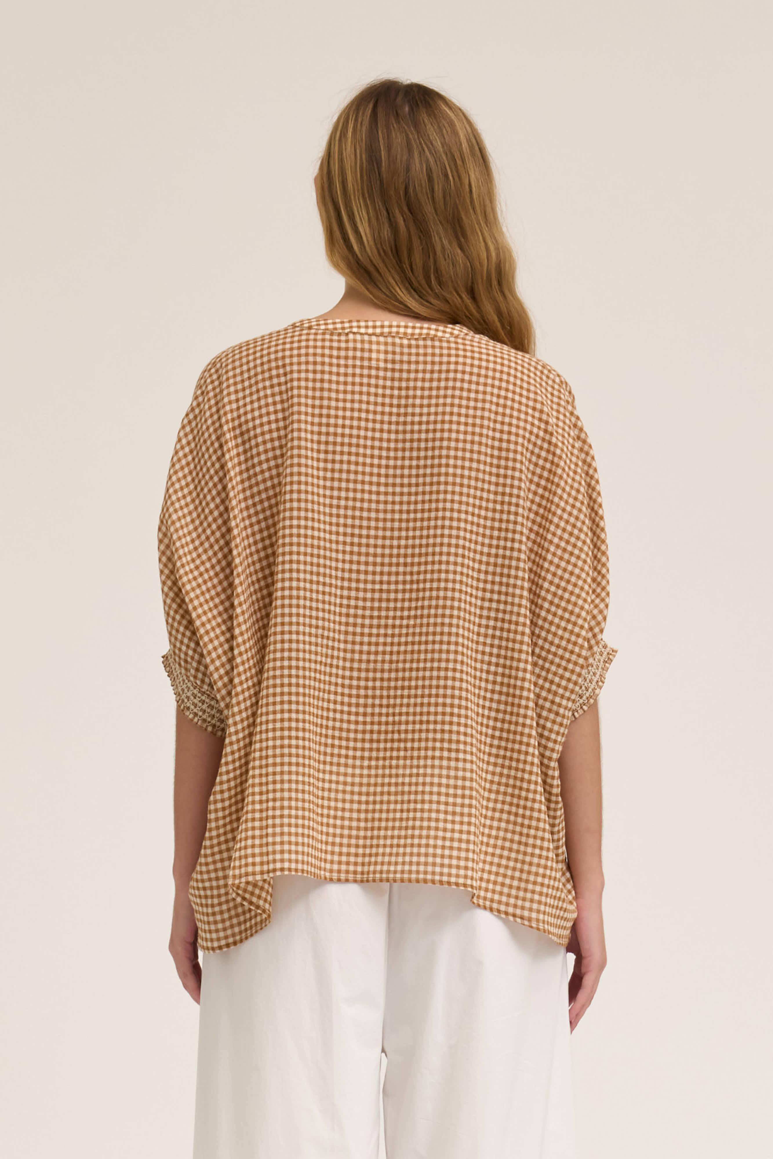 Crinkle Smocked Cuff Blouse in Chai