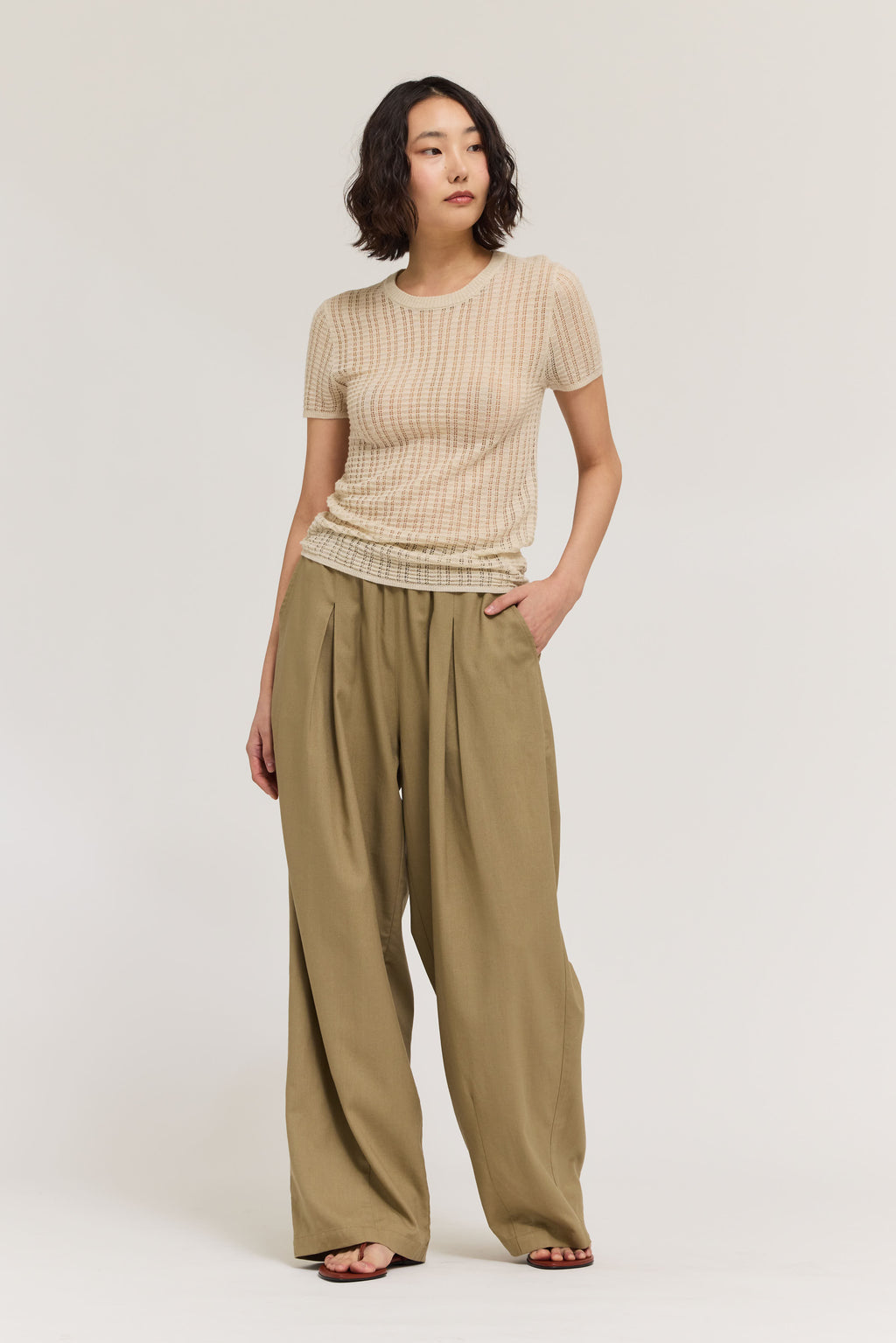 Thin Pointelle Knit Tee in Irish Cream
