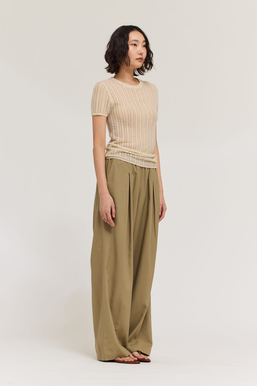 Thin Pointelle Knit Tee in Irish Cream