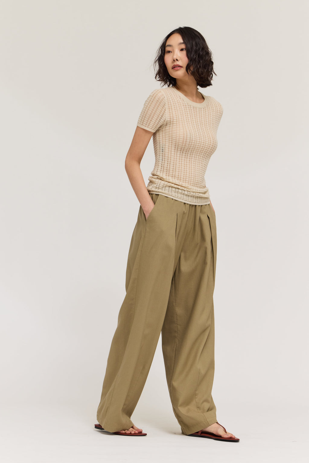 Thin Pointelle Knit Tee in Irish Cream