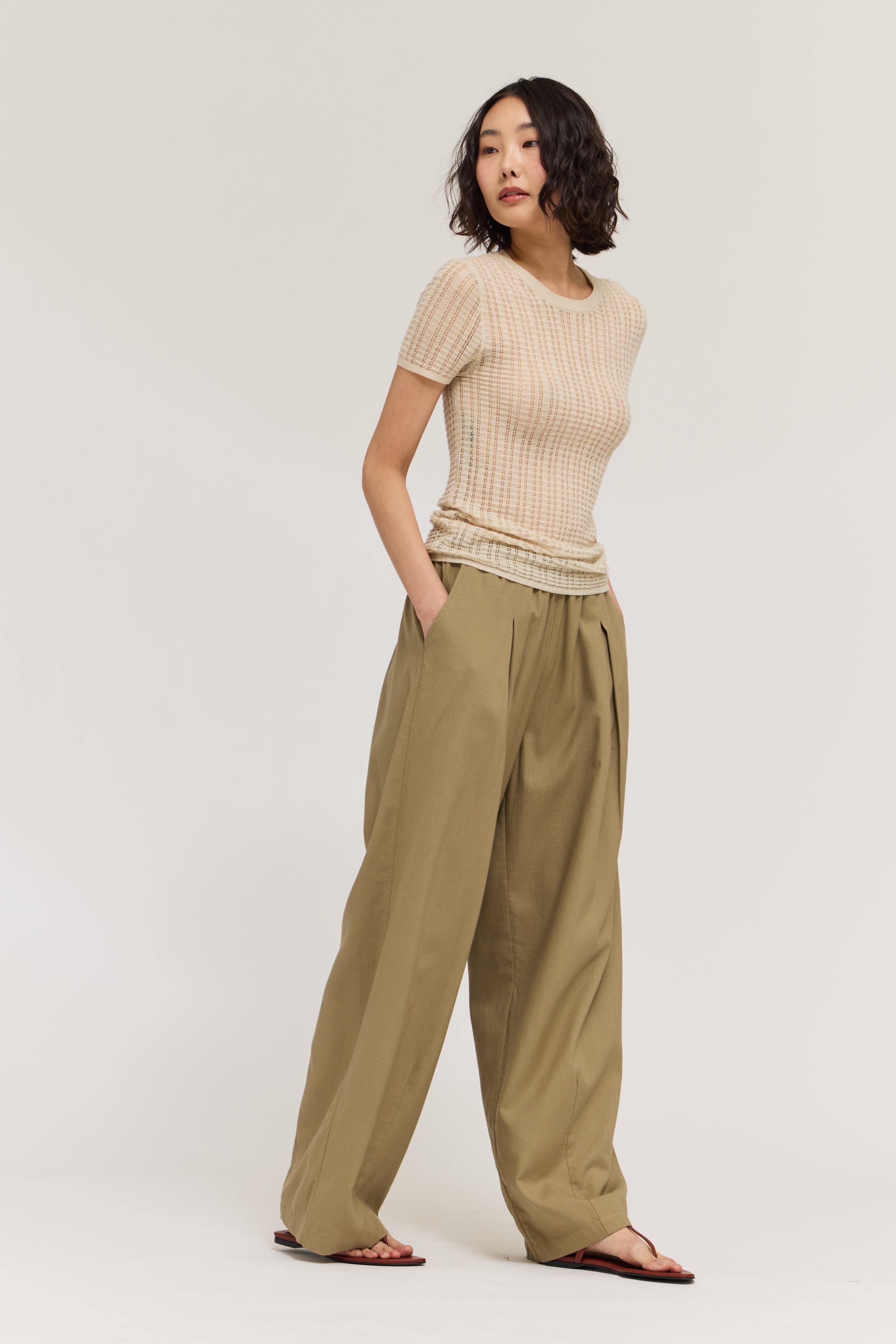 Thin Pointelle Knit Tee in Irish Cream