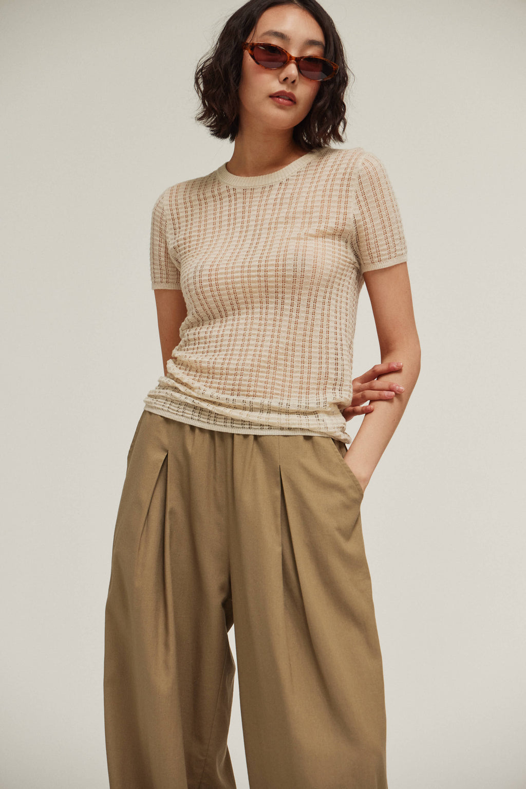 Thin Pointelle Knit Tee in Irish Cream