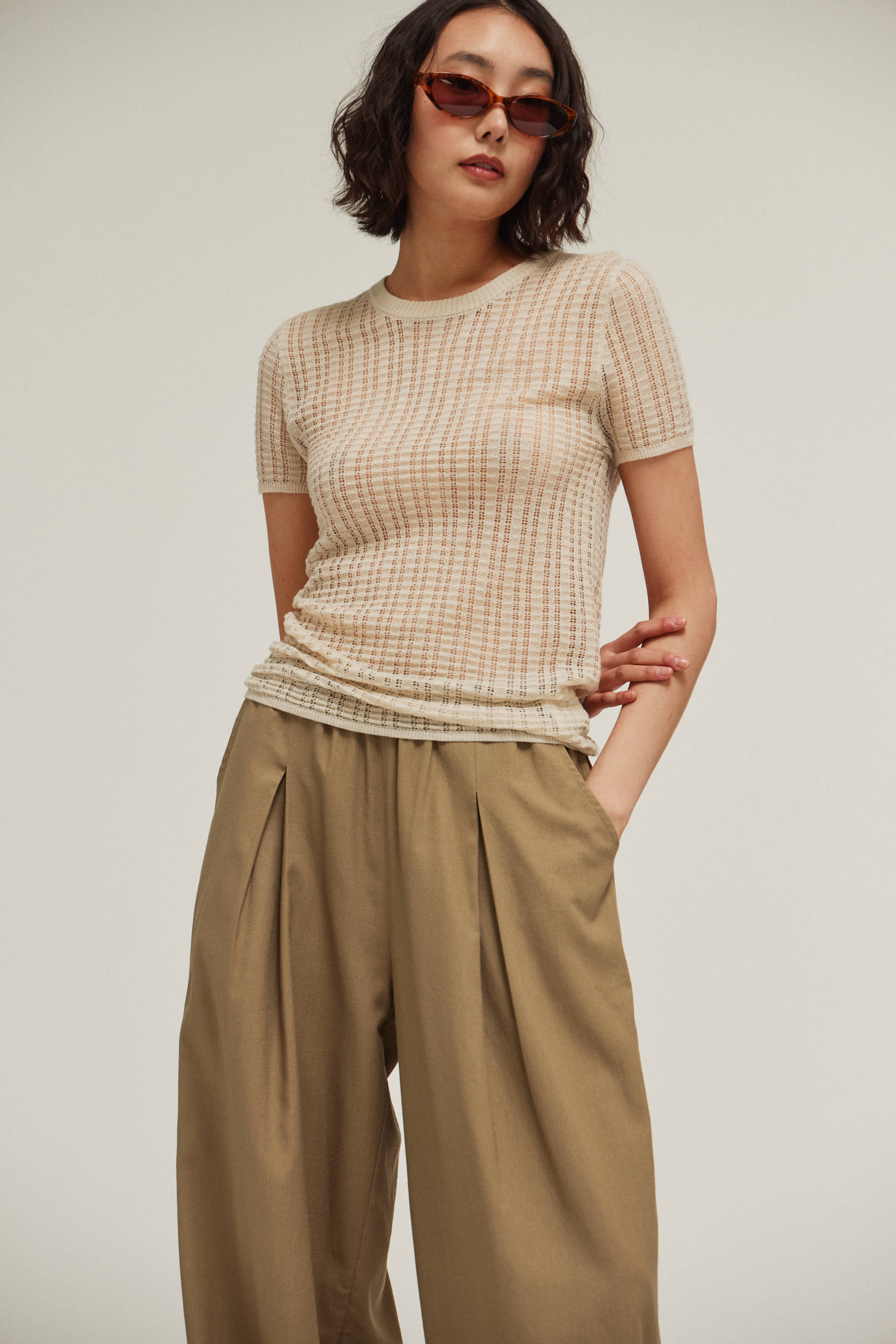 Thin Pointelle Knit Tee in Irish Cream