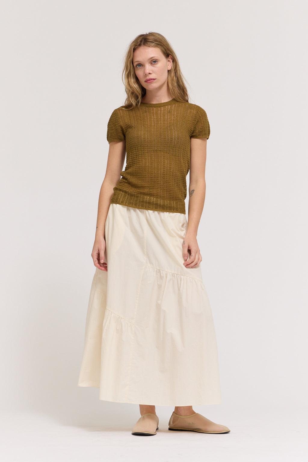 Thin Pointelle Knit Tee in Martini Olive