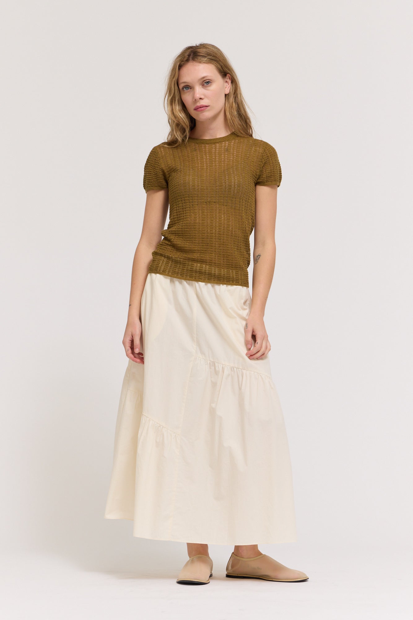 Thin Pointelle Knit Tee in Martini Olive