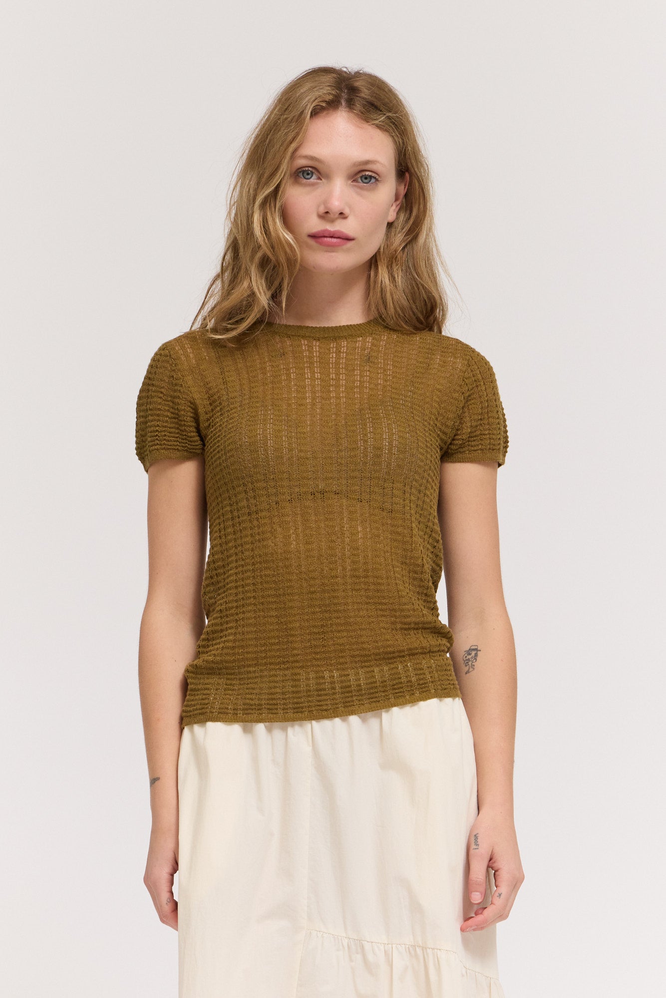 Thin Pointelle Knit Tee in Martini Olive