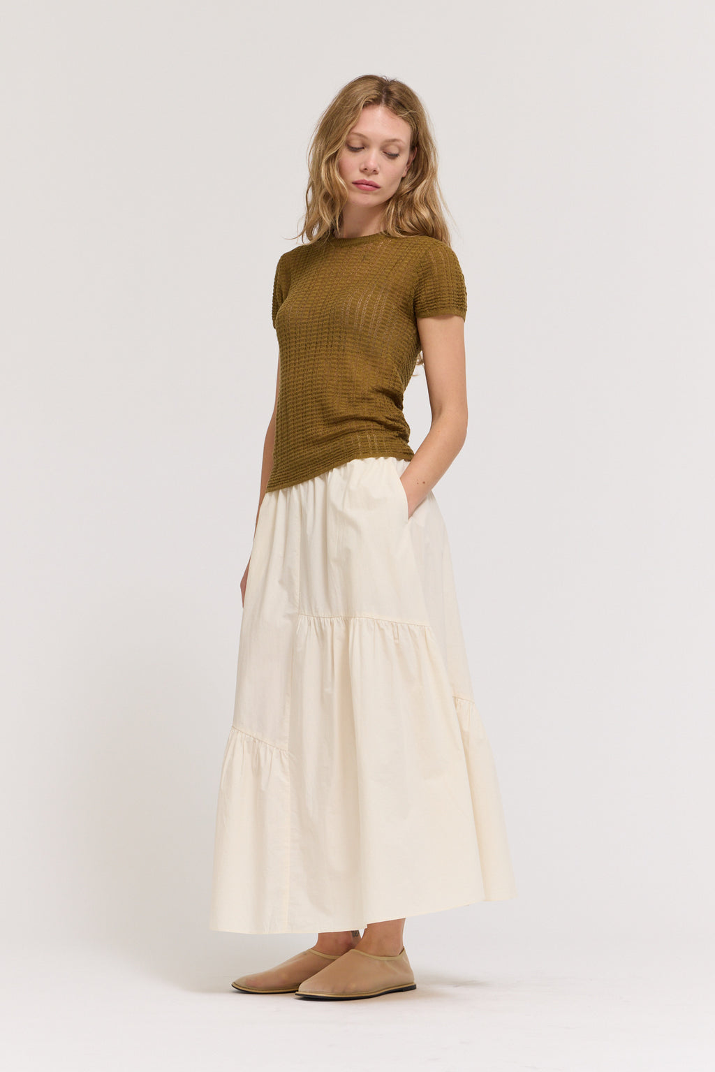 Thin Pointelle Knit Tee in Martini Olive