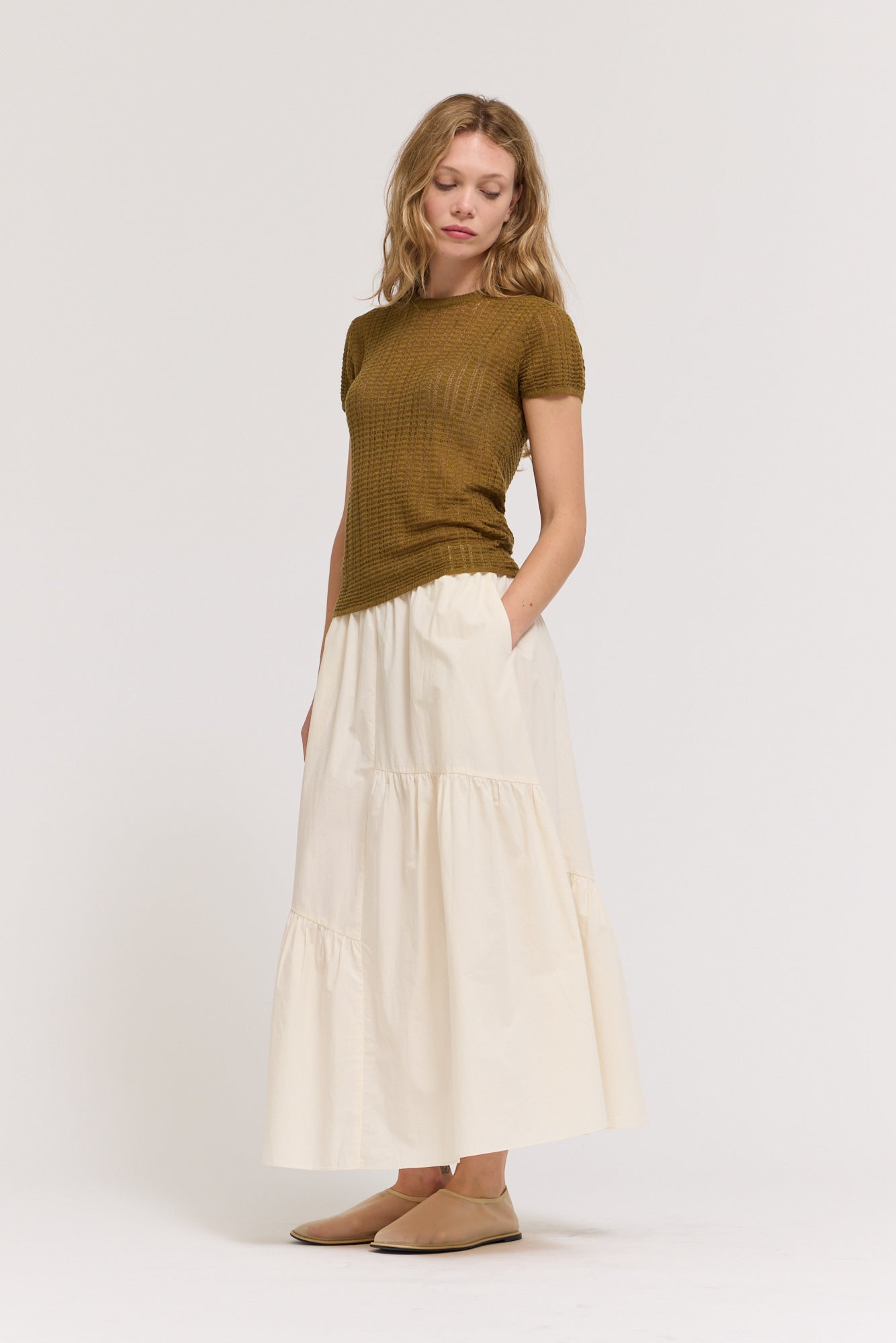 Thin Pointelle Knit Tee in Martini Olive