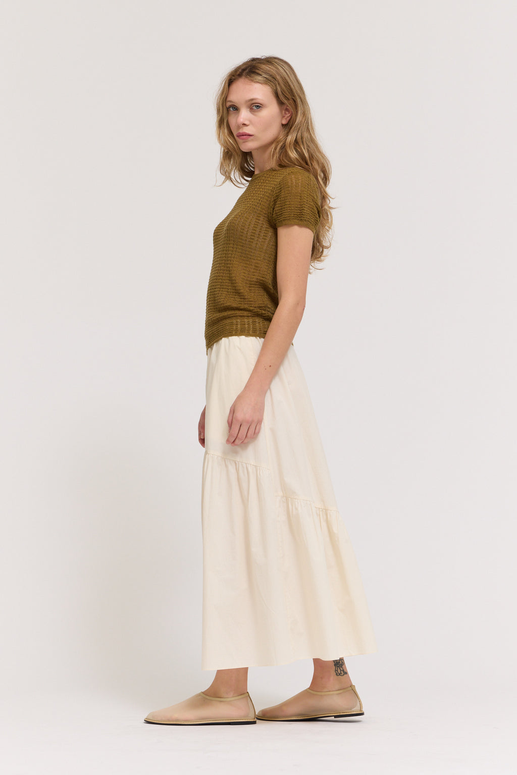 Thin Pointelle Knit Tee in Martini Olive