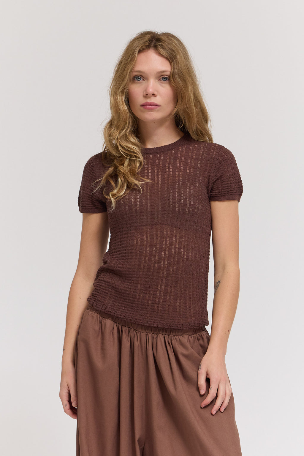 Thin Pointelle Knit Tee in Tobacco