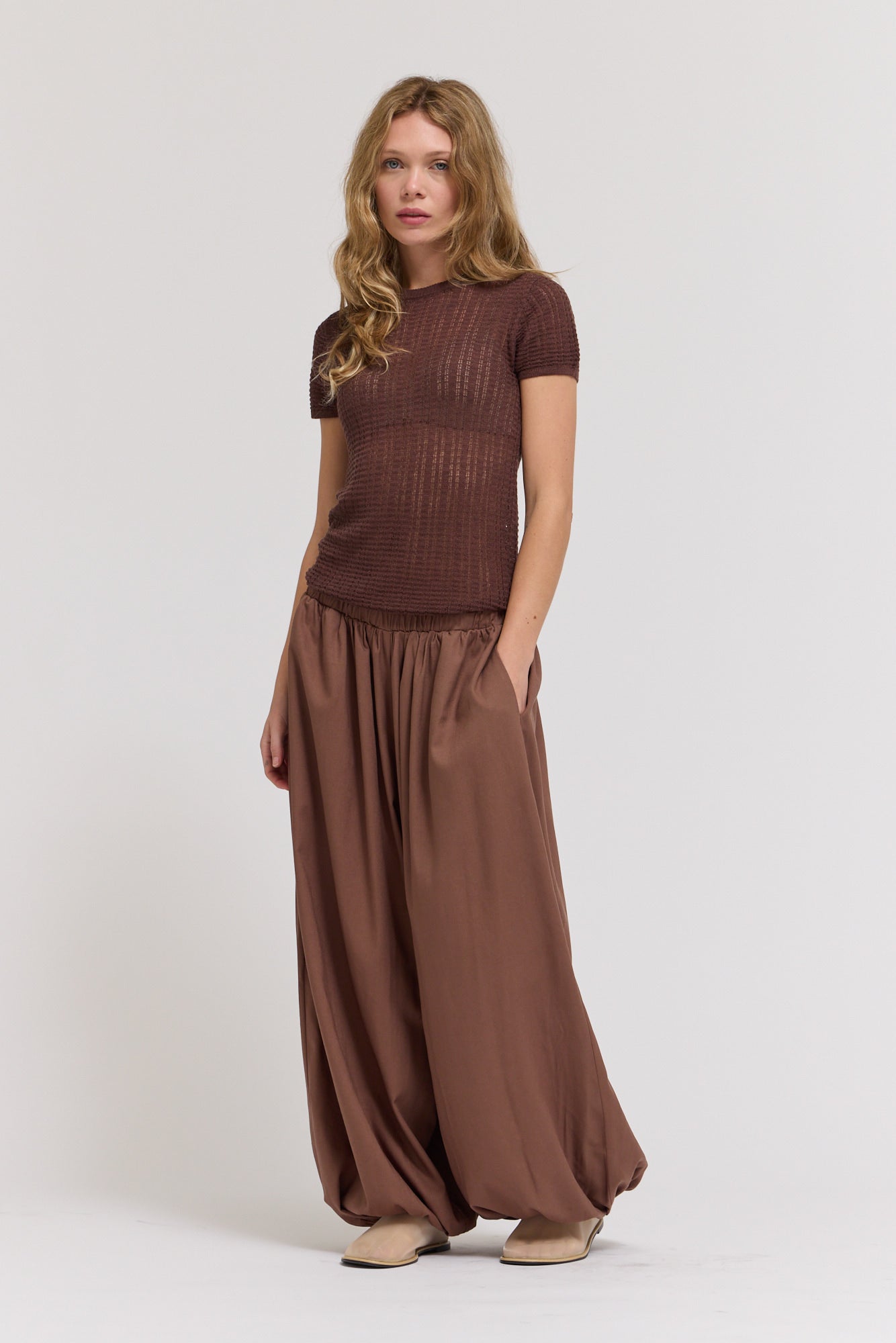 Thin Pointelle Knit Tee in Tobacco
