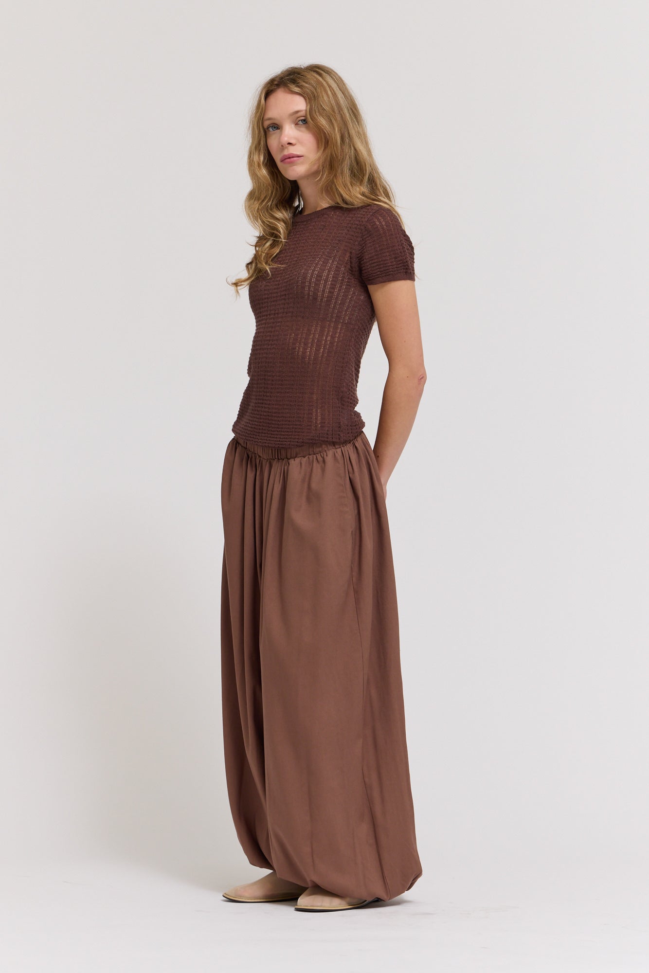 Thin Pointelle Knit Tee in Tobacco
