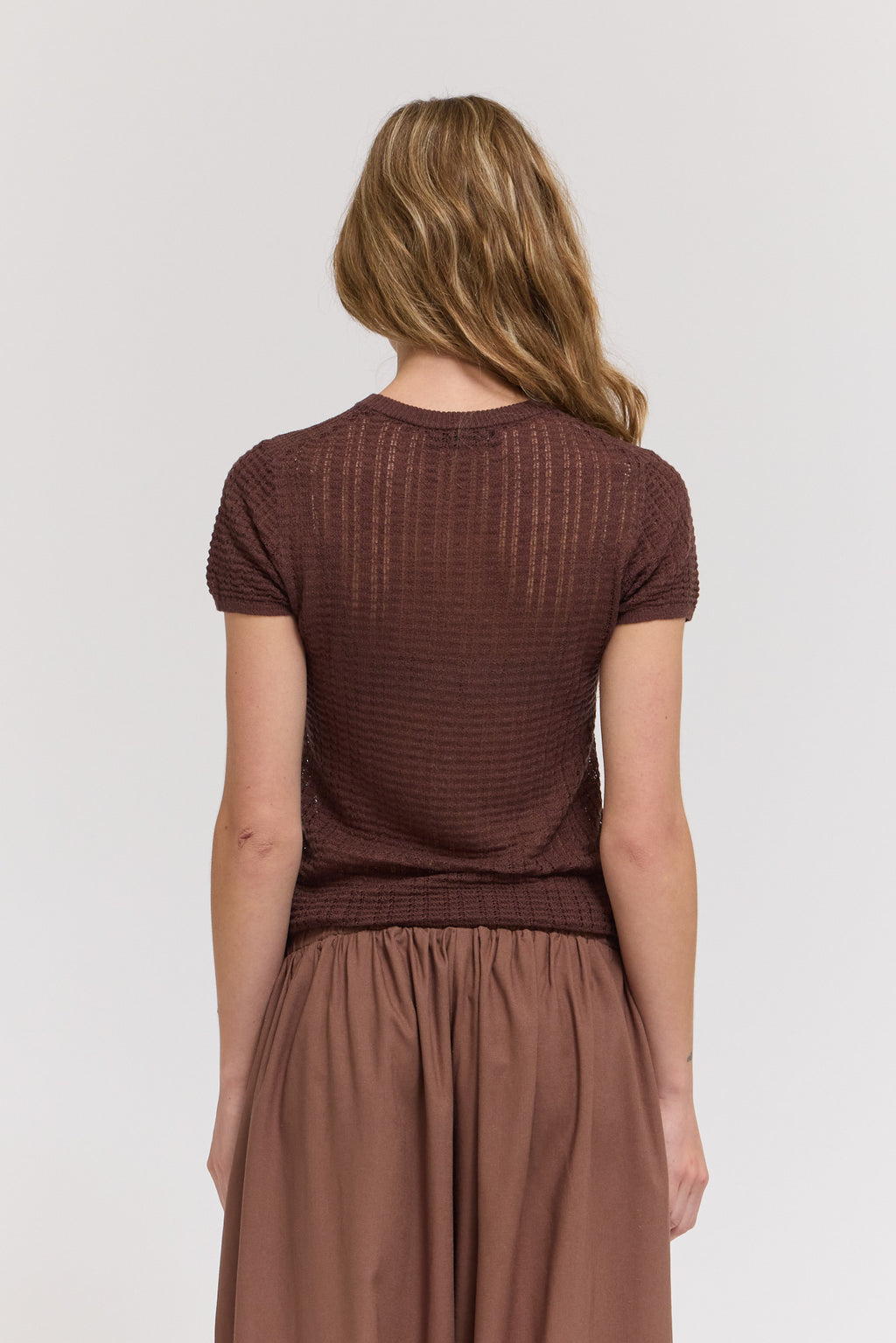 Thin Pointelle Knit Tee in Tobacco