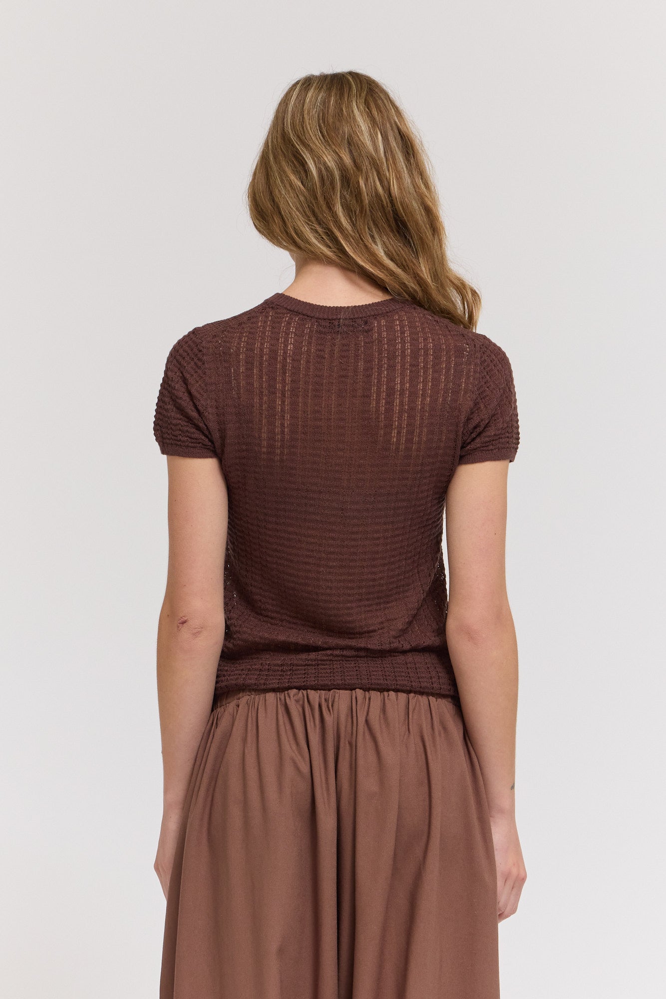 Thin Pointelle Knit Tee in Tobacco
