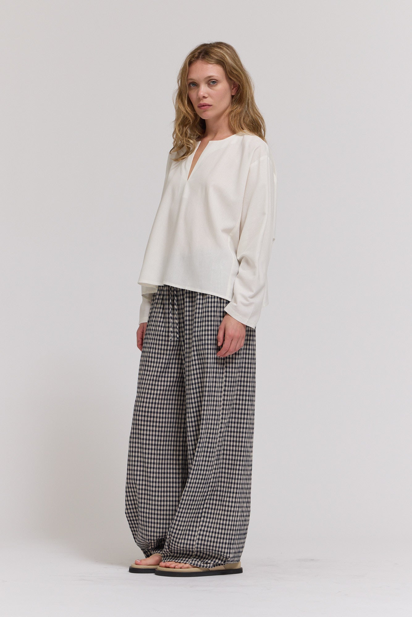 Open V-Neck Linen Blouse Top