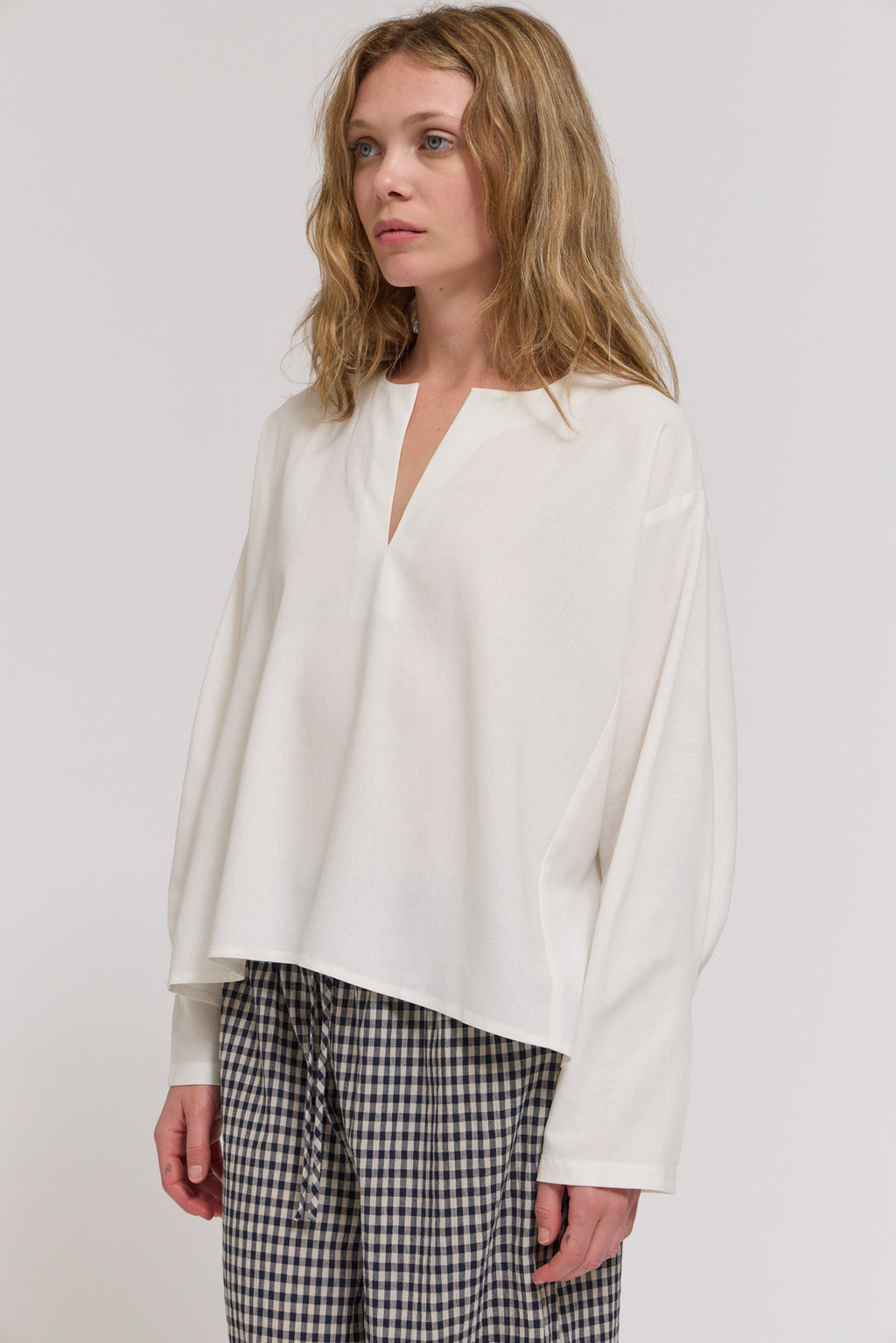 Open V-Neck Linen Blouse Top