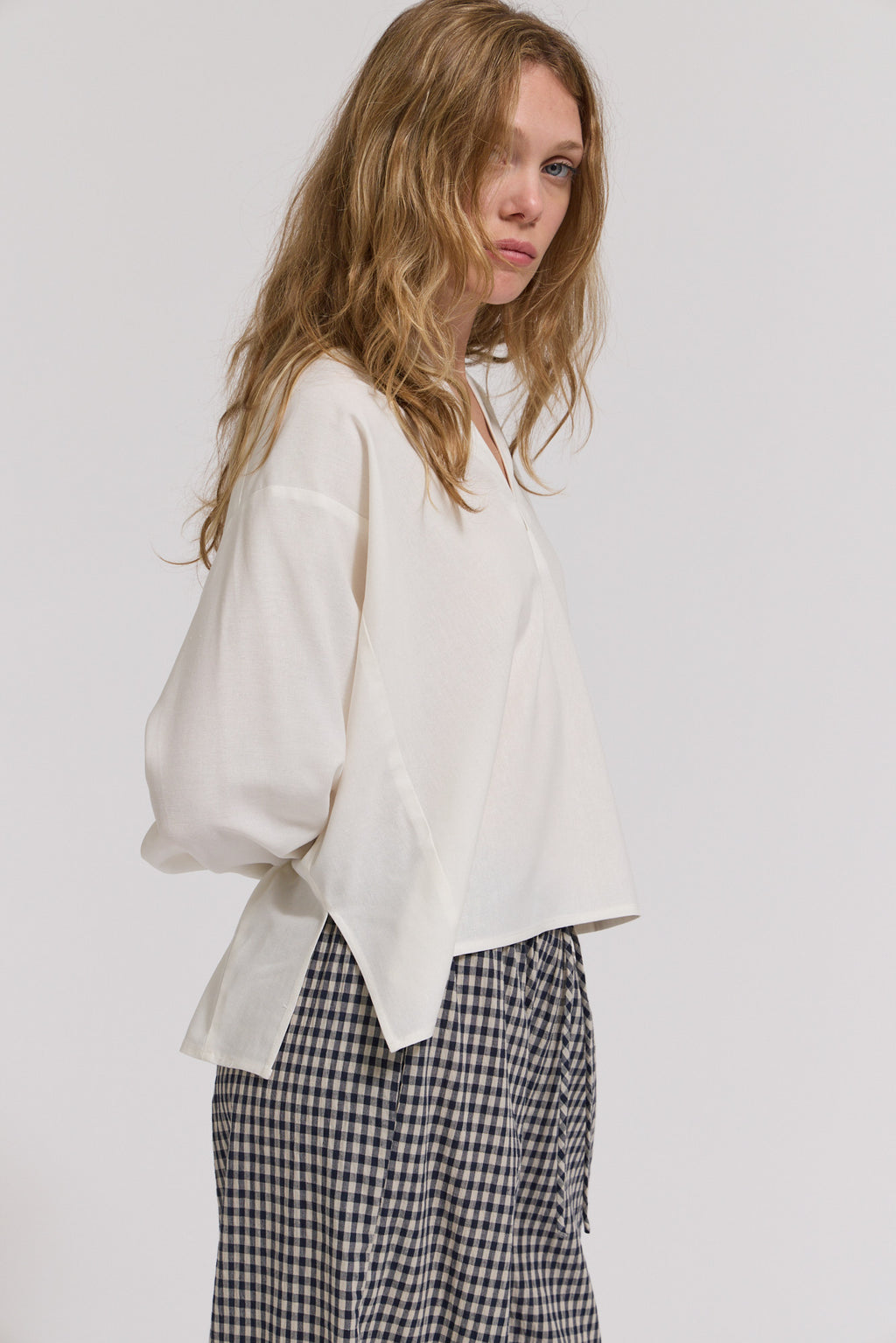 Open V-Neck Linen Blouse Top