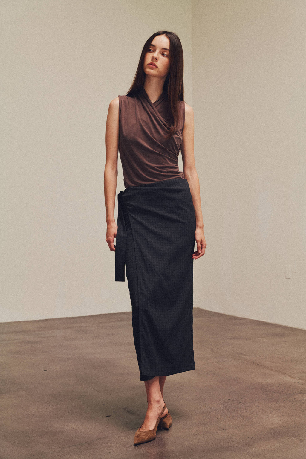 Overlap High Neck Sleeveless Top in Chocolate
