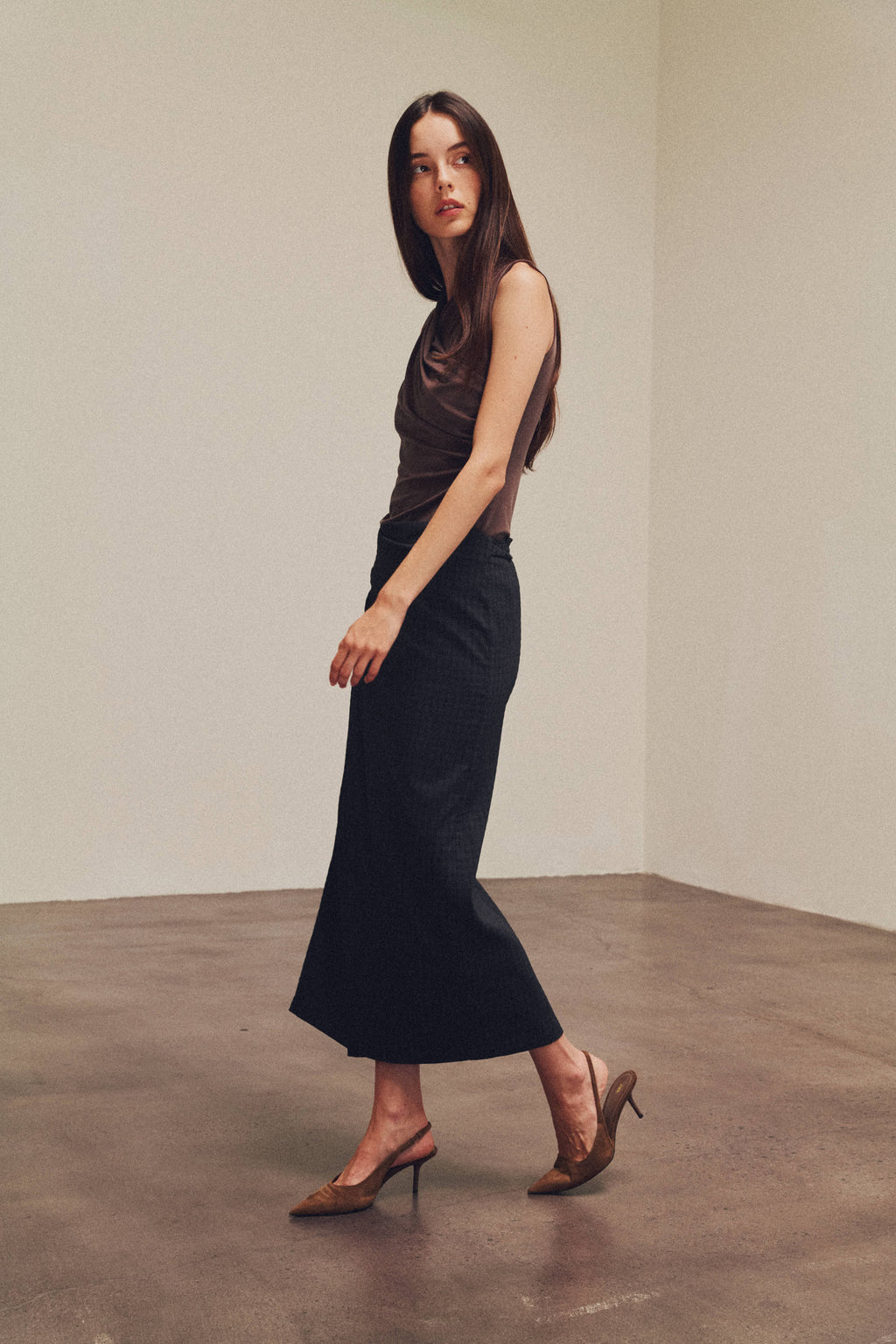 Overlap High Neck Sleeveless Top in Chocolate
