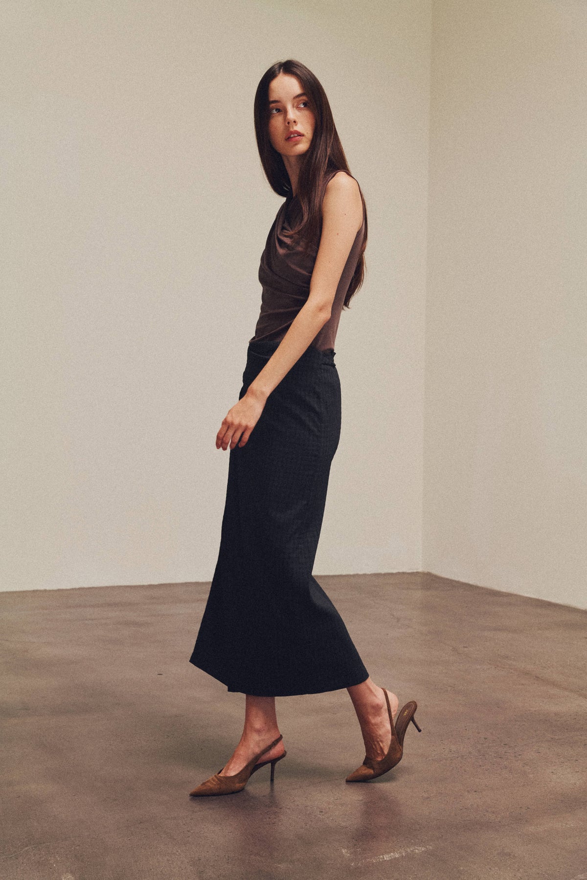 Overlap High Neck Sleeveless Top in Chocolate