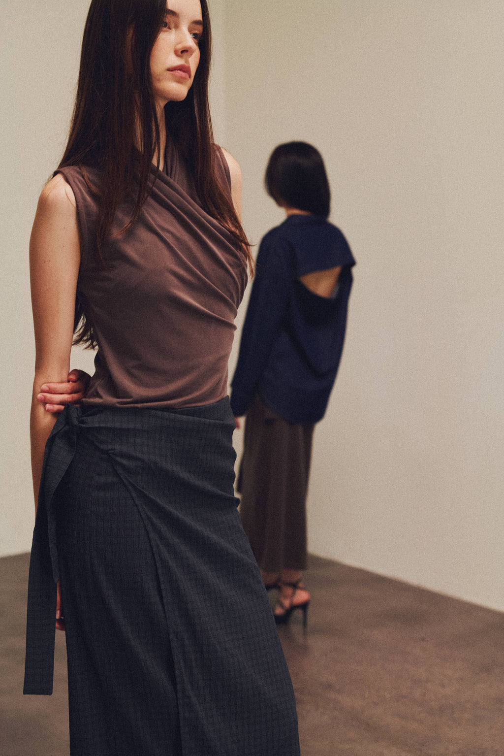 Overlap High Neck Sleeveless Top in Chocolate
