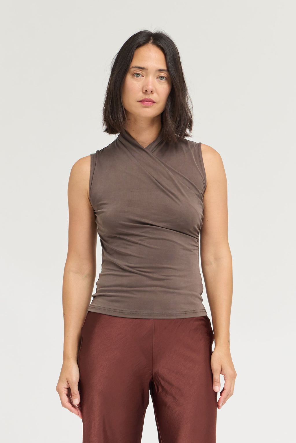 Overlap High Neck Sleeveless Top in Chocolate