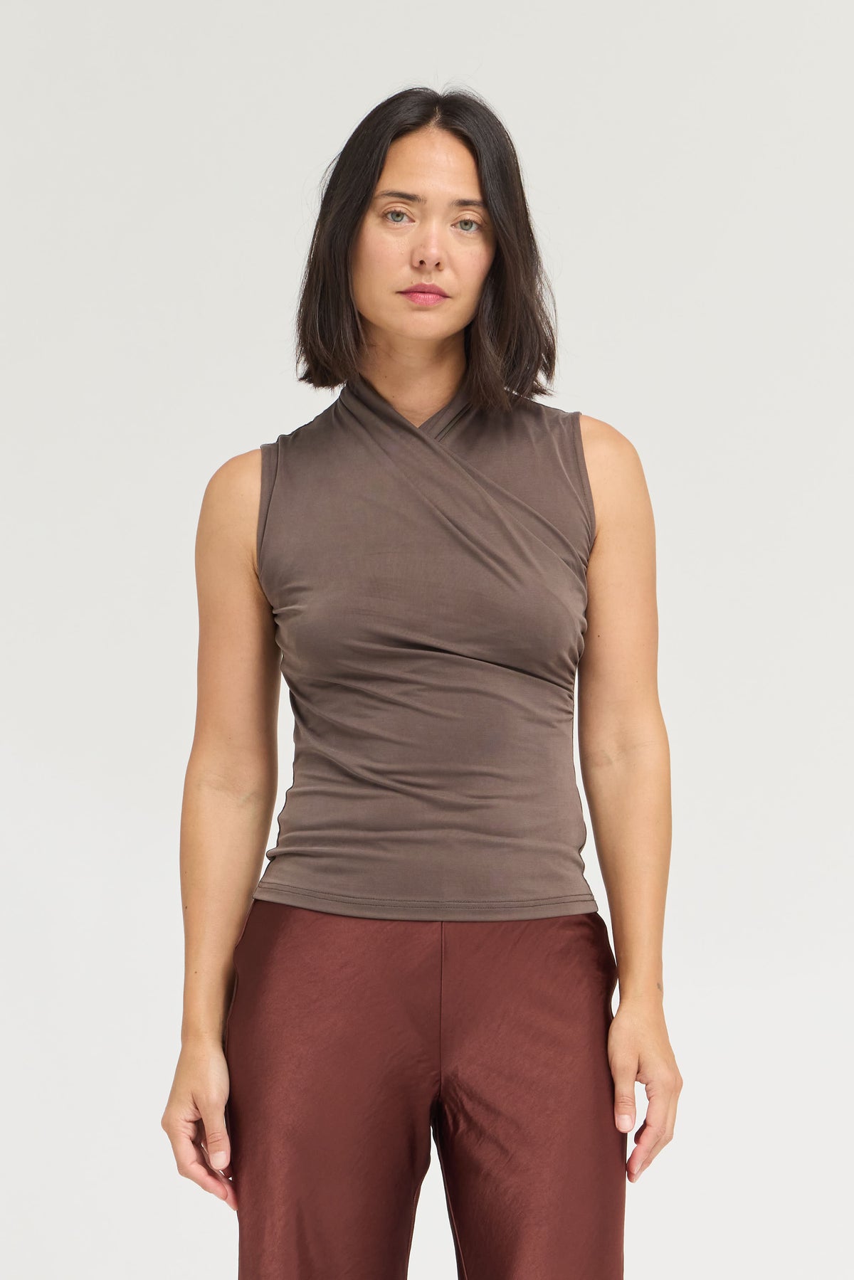 Overlap High Neck Sleeveless Top in Chocolate