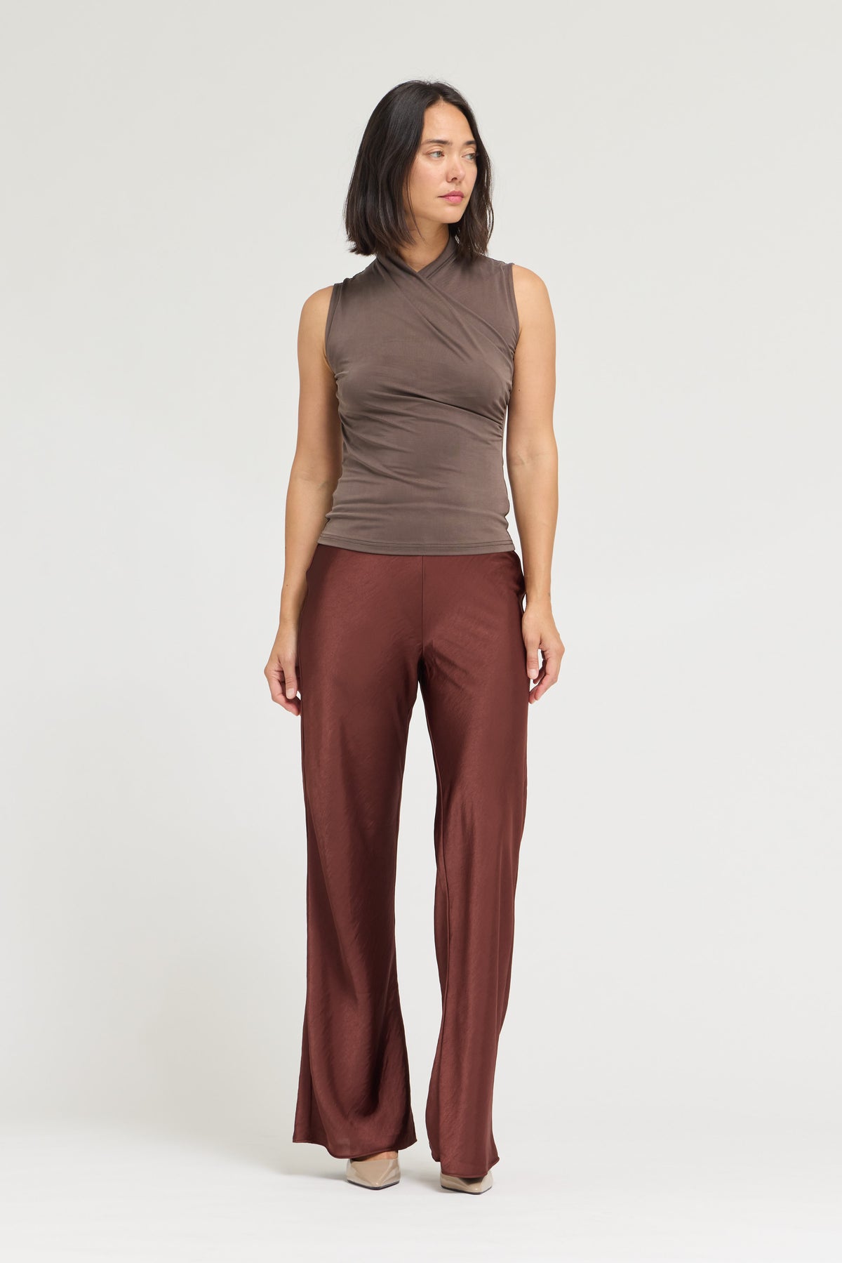 Overlap High Neck Sleeveless Top in Chocolate