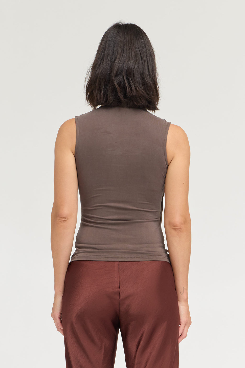 Overlap High Neck Sleeveless Top in Chocolate