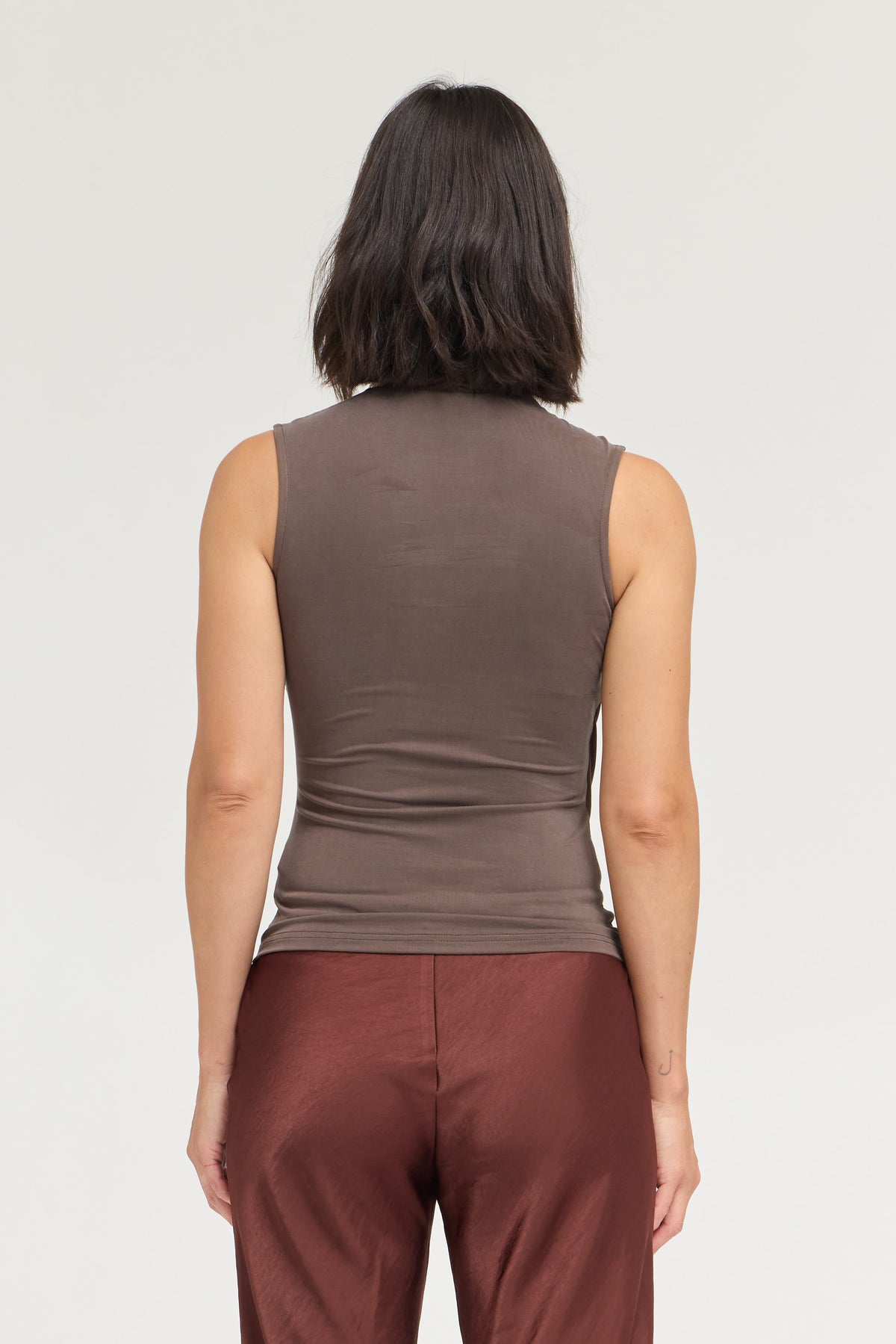 Overlap High Neck Sleeveless Top in Chocolate