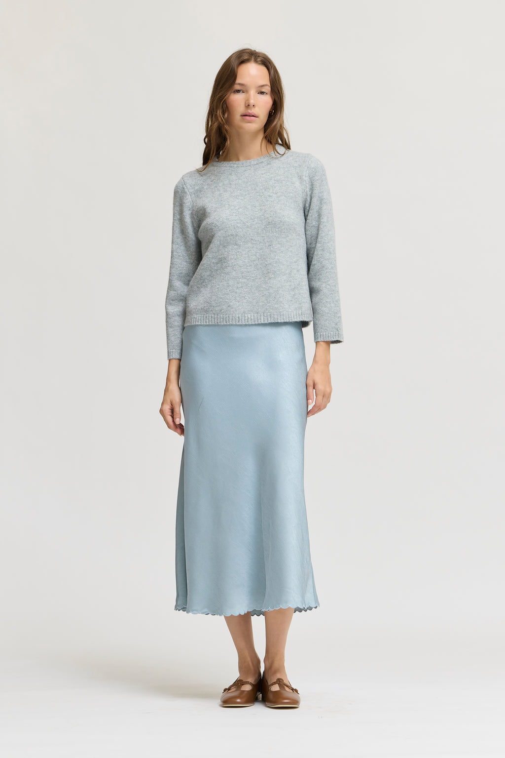Scallop Hem Bias Skirt in Dusty Blue