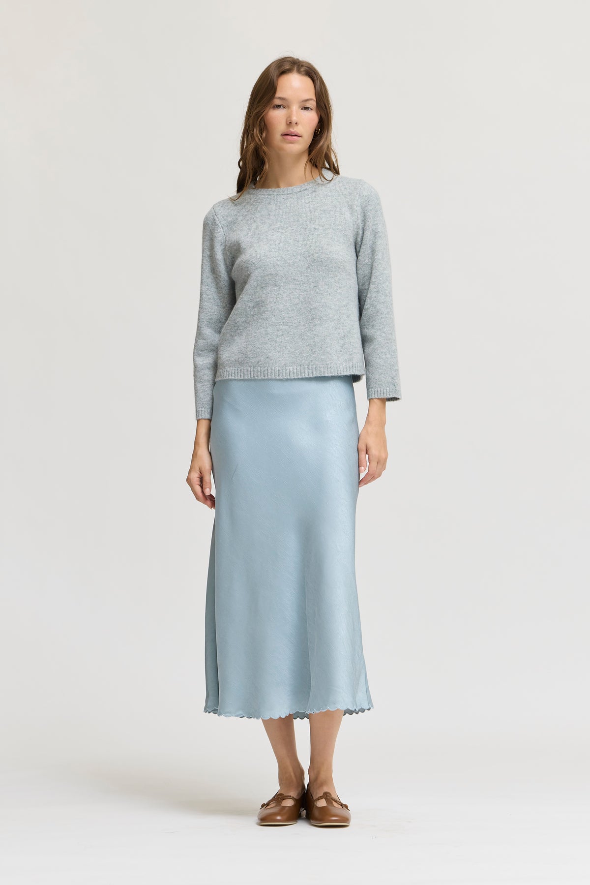 Scallop Hem Bias Skirt in Dusty Blue