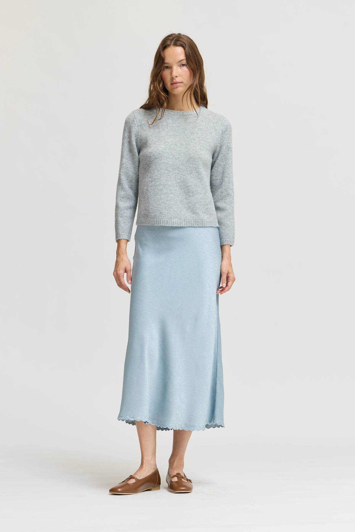 Scallop Hem Bias Skirt in Dusty Blue