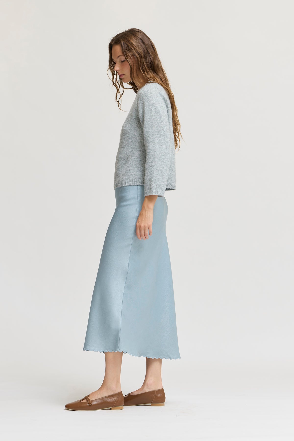 Scallop Hem Bias Skirt in Dusty Blue