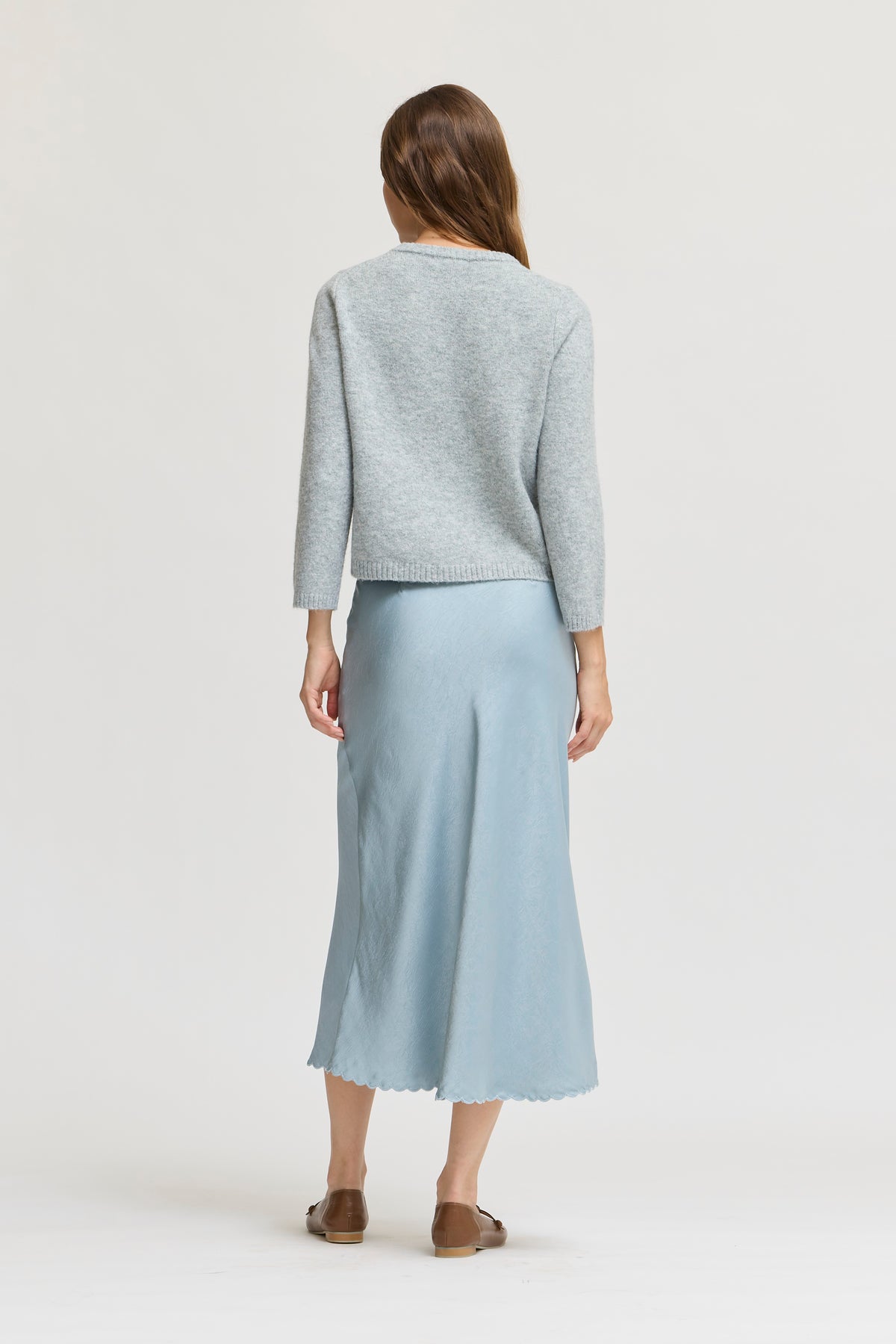 Scallop Hem Bias Skirt in Dusty Blue