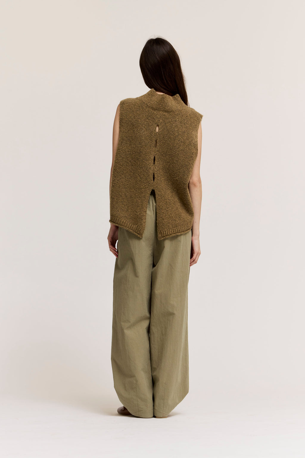 Hem Opening Button Detail Loose Fit Pants in Dry Herb