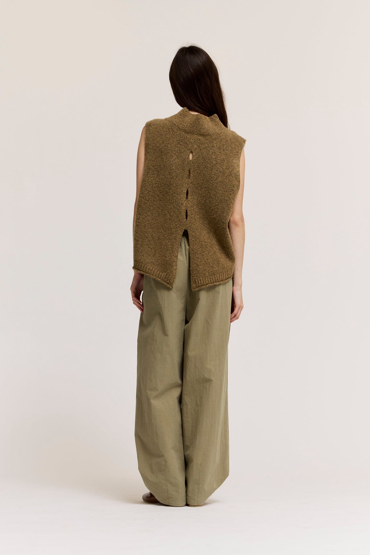 Hem Opening Button Detail Loose Fit Pants in Dry Herb