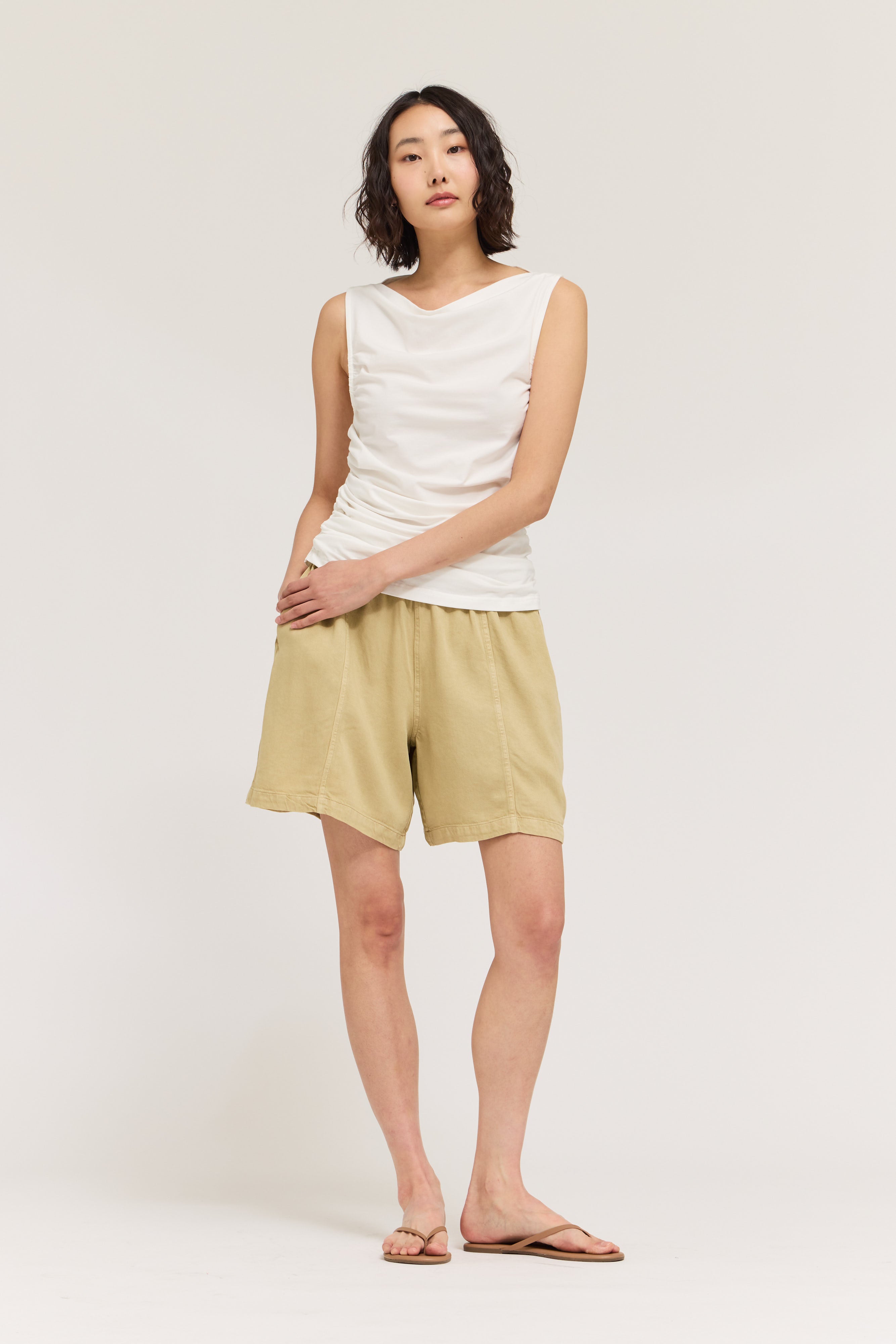 Sleeveless Shirring Jersey Tank Top in Off White