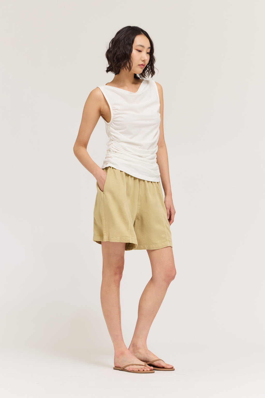 Sleeveless Shirring Jersey Tank Top in Off White