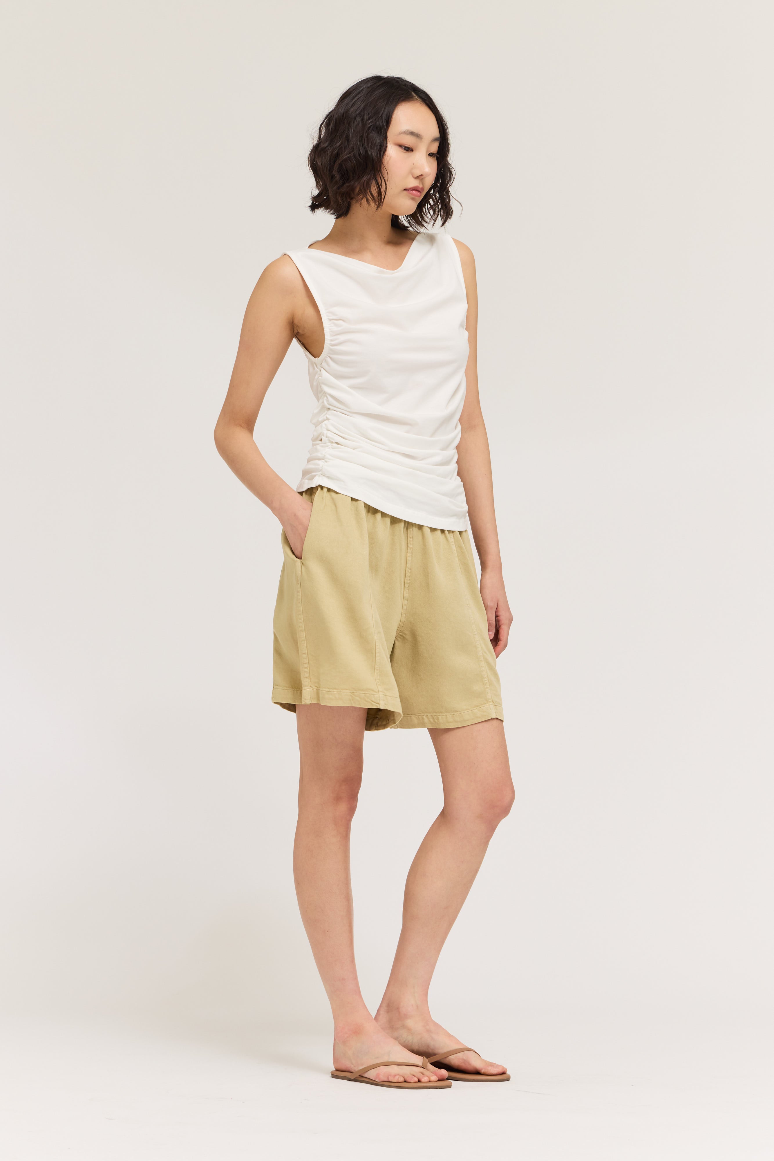 Sleeveless Shirring Jersey Tank Top in Off White