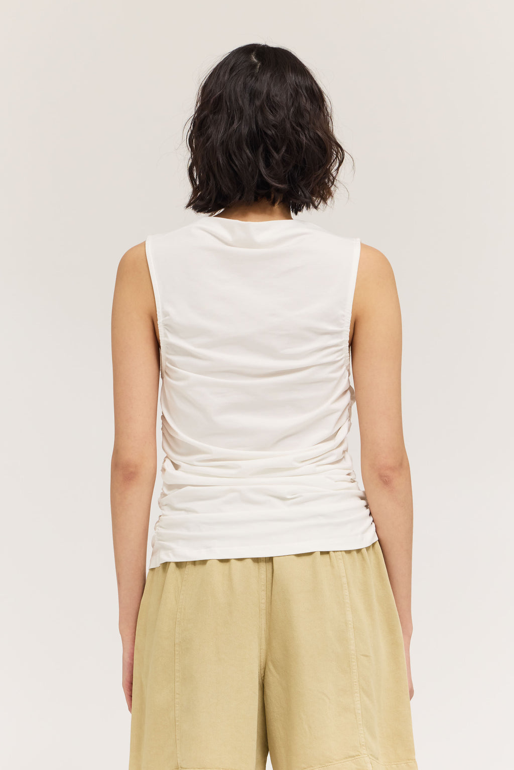 Sleeveless Shirring Jersey Tank Top in Off White
