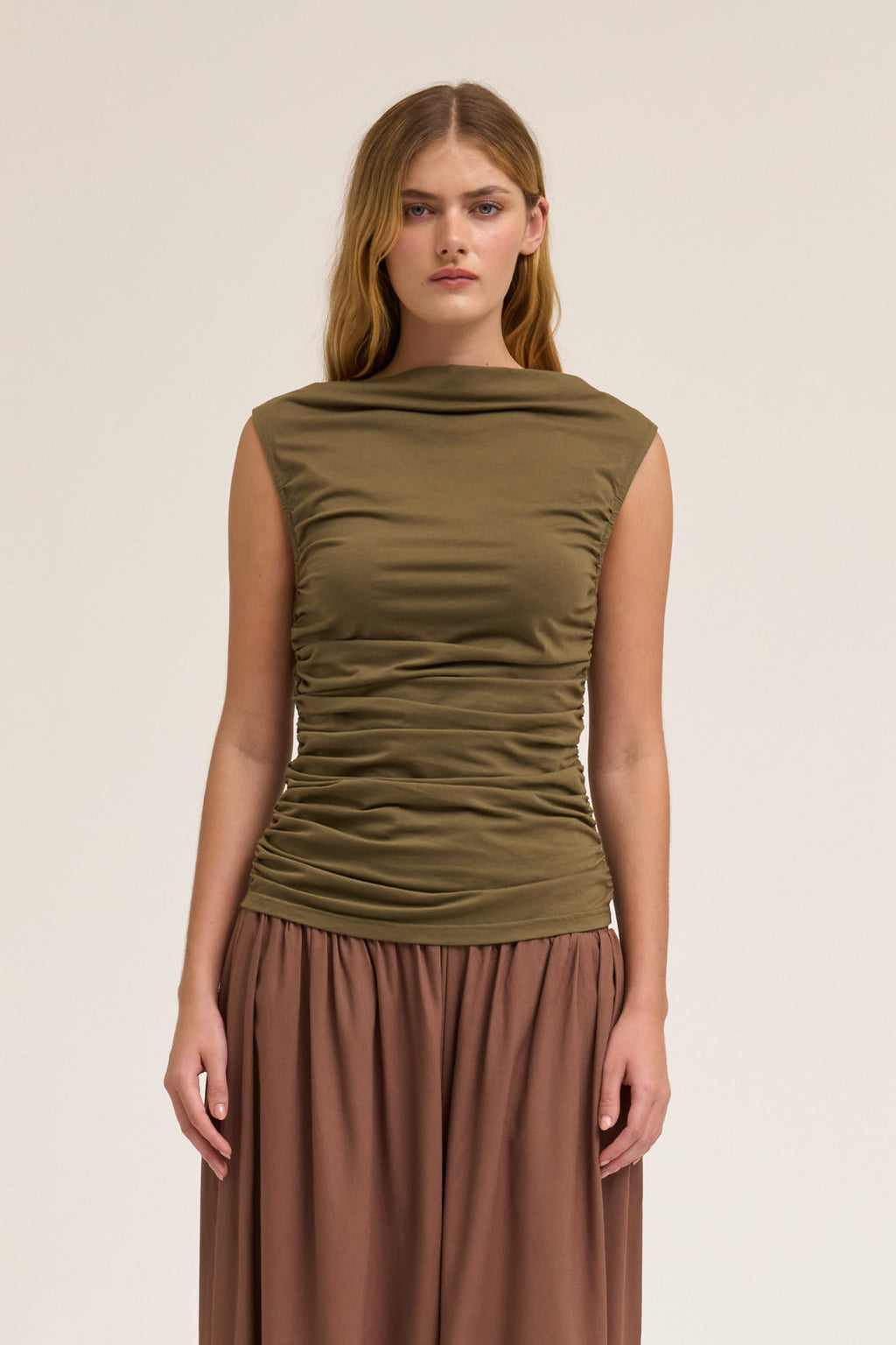 Sleeveless Shirring Jersey Tank Top in Tapenade