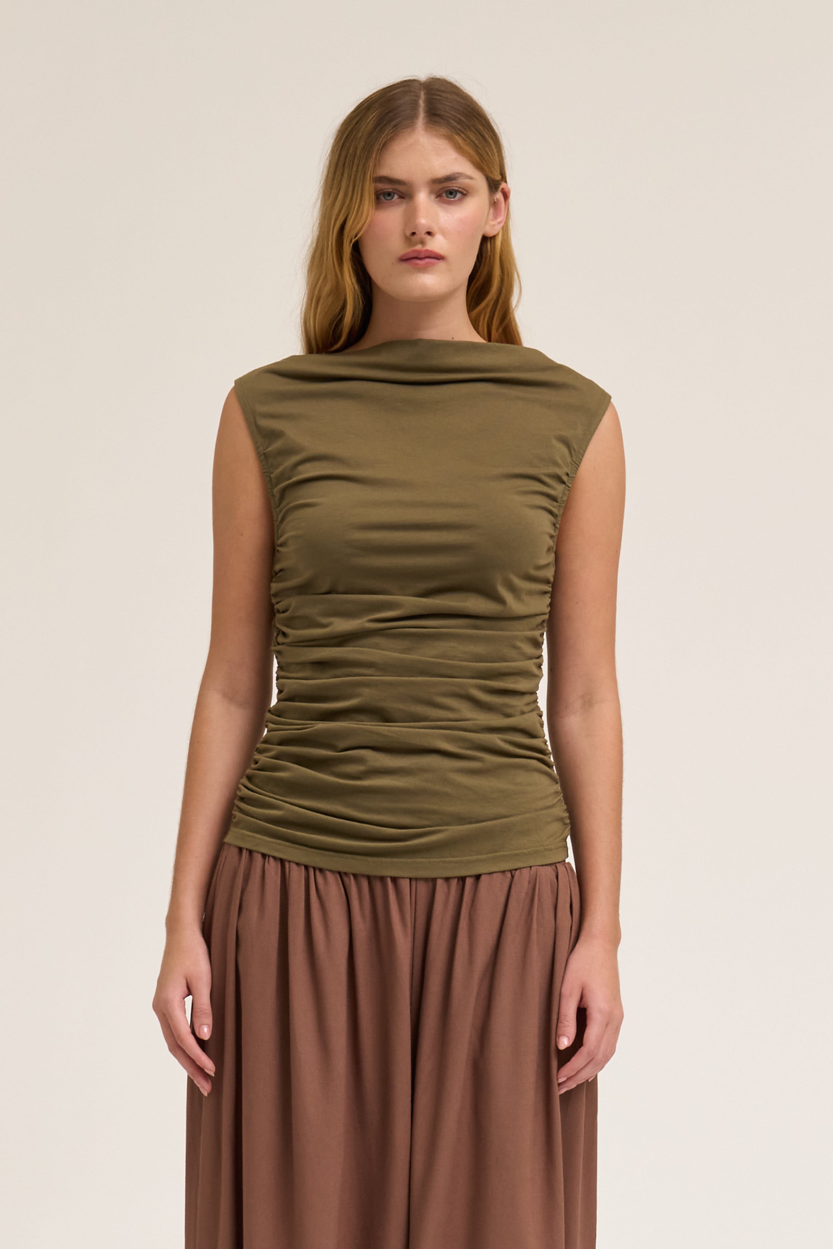 Sleeveless Shirring Jersey Tank Top in Tapenade