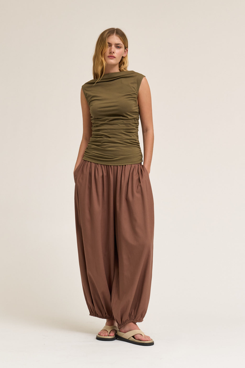 Sleeveless Shirring Jersey Tank Top in Tapenade