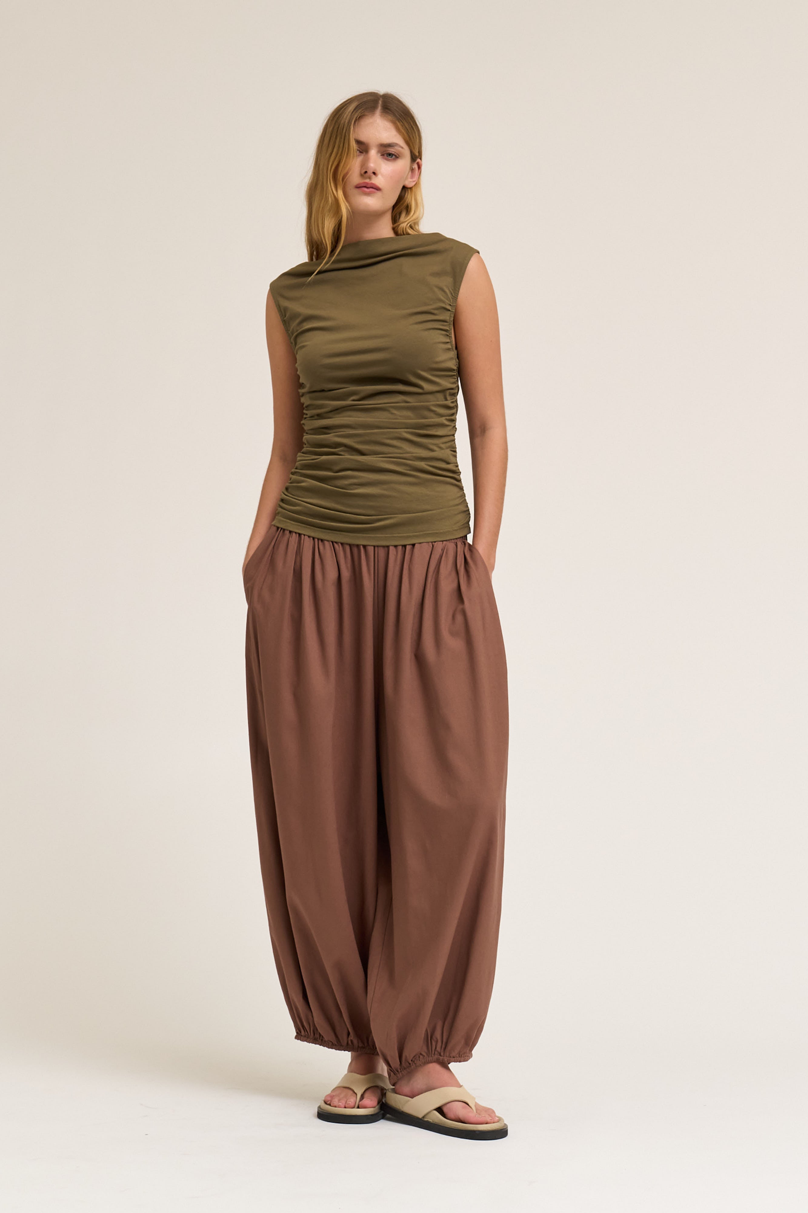 Sleeveless Shirring Jersey Tank Top in Tapenade