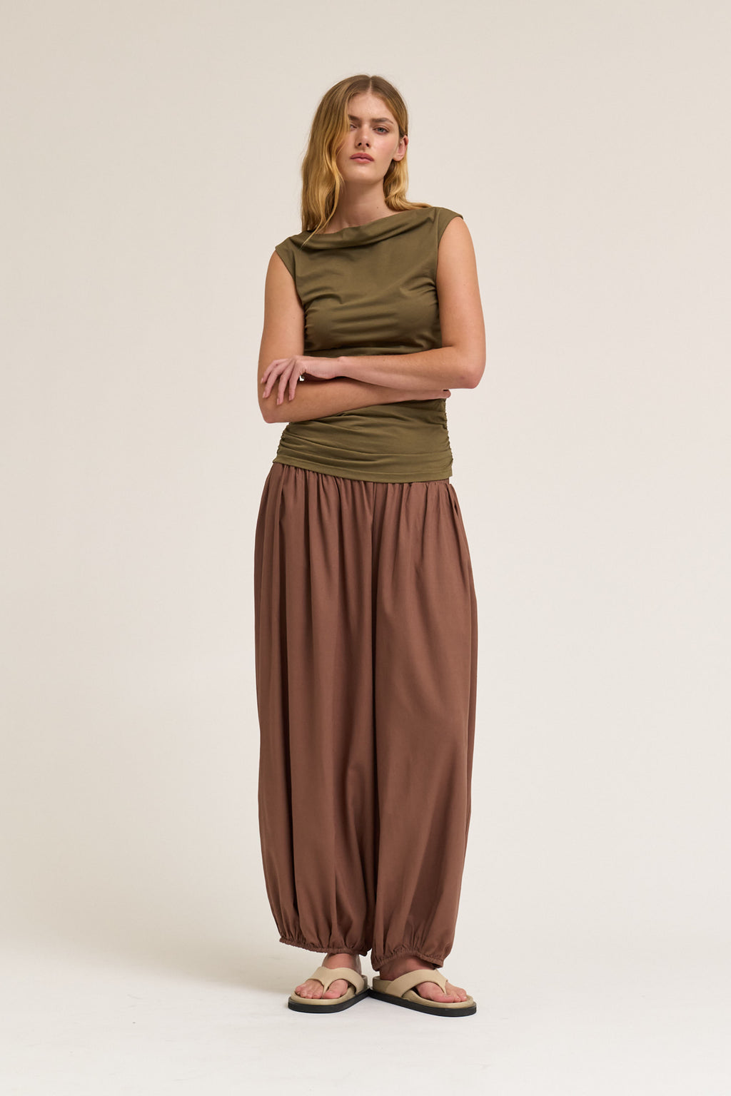 Sleeveless Shirring Jersey Tank Top in Tapenade
