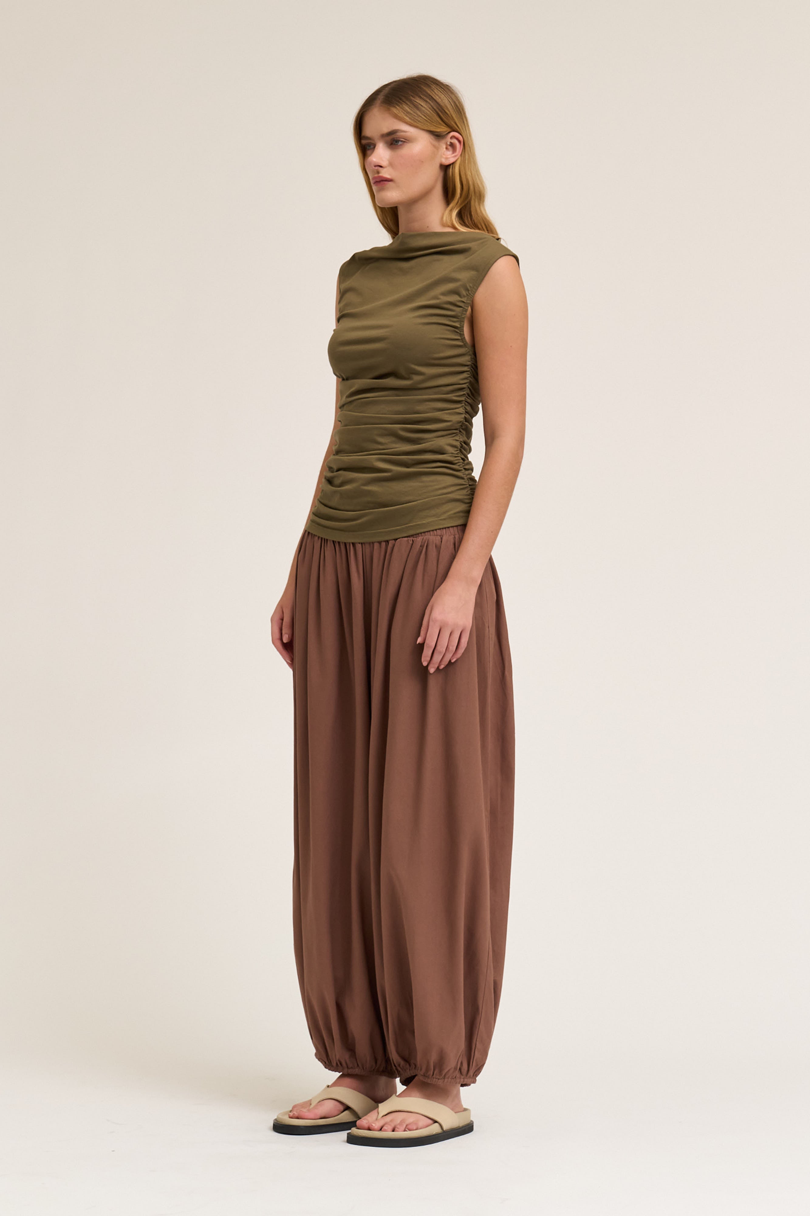 Sleeveless Shirring Jersey Tank Top in Tapenade