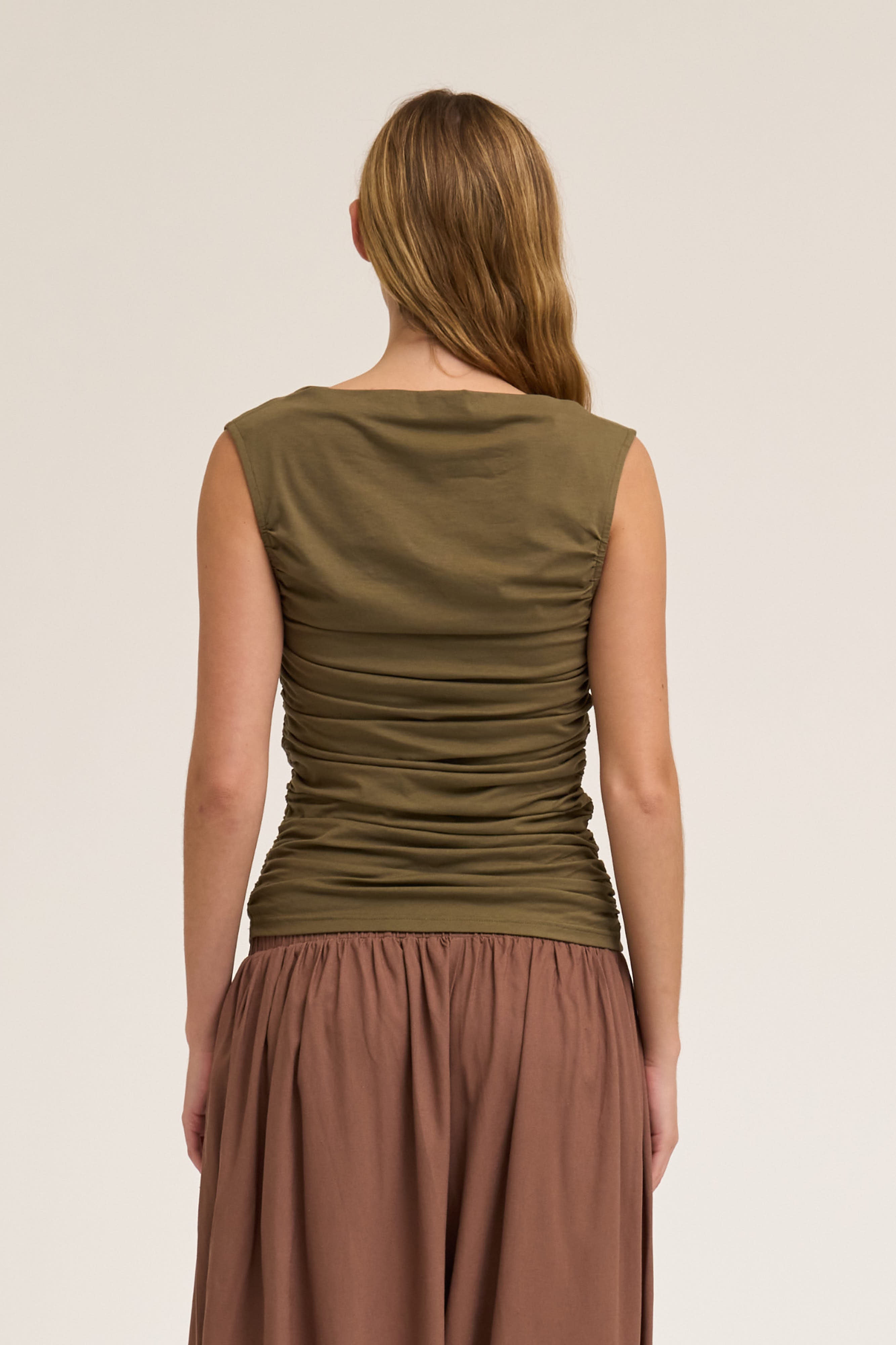 Sleeveless Shirring Jersey Tank Top in Tapenade